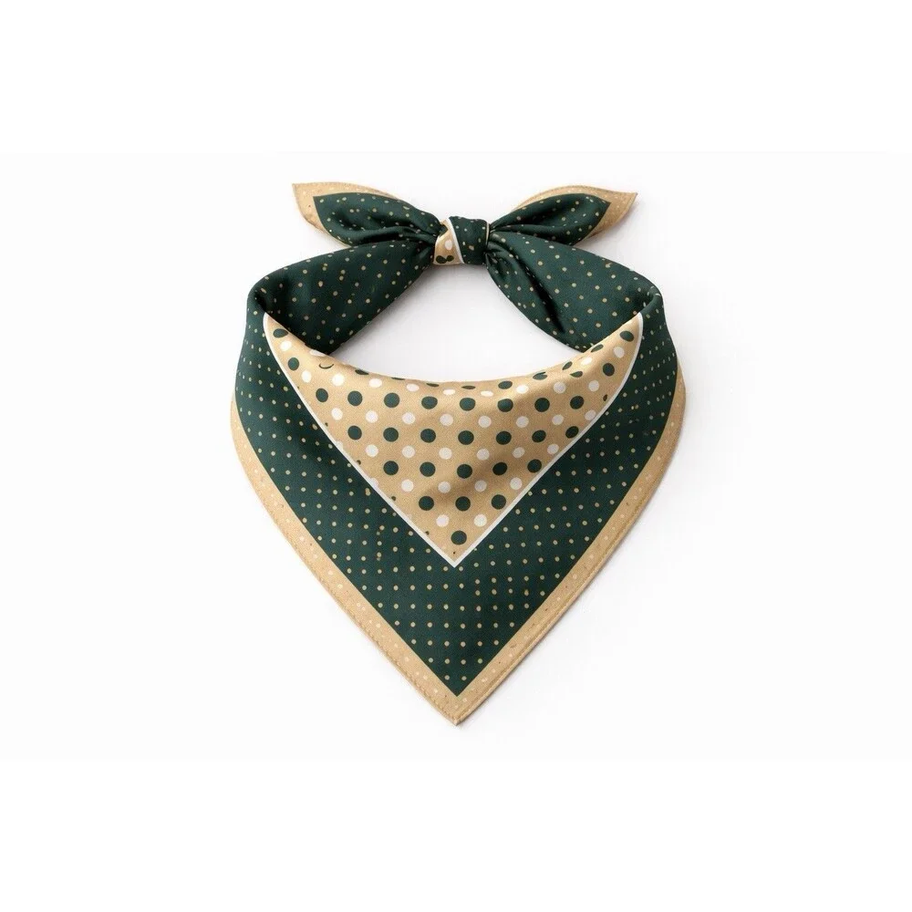 Vintage 1950s Italian Polka Dot Scarf Green Tan Neckerchief Bandana  22” Square